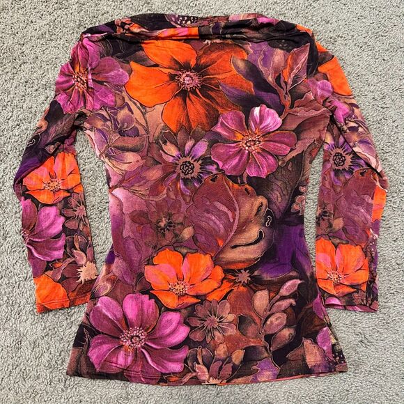 Vintage Cache 90s Y2K Stretchy Purple Orange Boho Floral V-Neck Blouse, Small - Picture 5 of 6